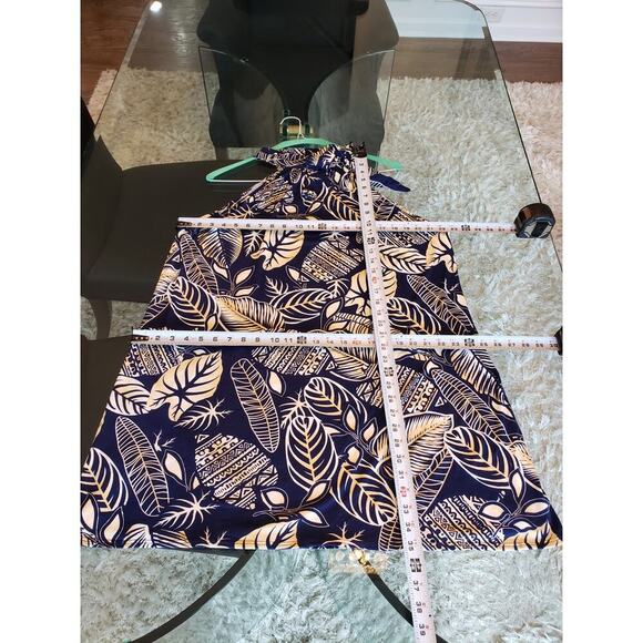 Marianne Sheath Dress Women 1X Blue White Leaf Print Stretch Pleated Halter Neck - Picture 7 of 12